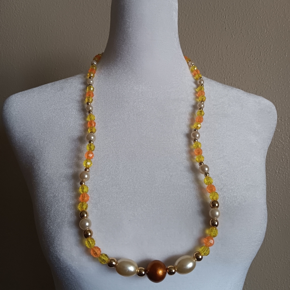 Sunshine Vibes Vintage Plastic Necklace Yellow Orange Cream Gold, Chunky Bead